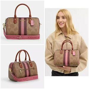 💕COACH💕 Rowan Satchel Bag ~ Signature Canvas Stripe Print Pink NWT